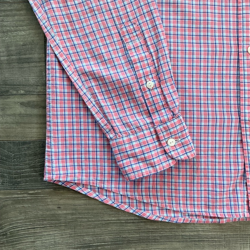 Faherty Button Down Shirt Men’s MEDIUM Pink Blue Plaid Long Sleeve 100% Cotton - Picture 2 of 8